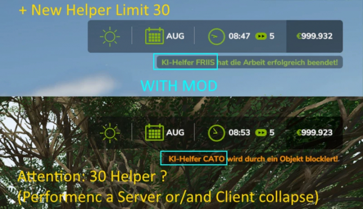 fs25-mods,  FS25 HiredHelperTool mod showing a new helper limit of 30 with in-game notifications.