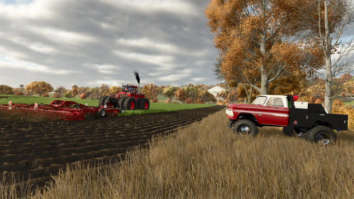 fs25-mods,  FS25 mod International 7788 v1.0.0.1 shown with a tractor plowing a field, autumn trees, and a red utility truck nearby.