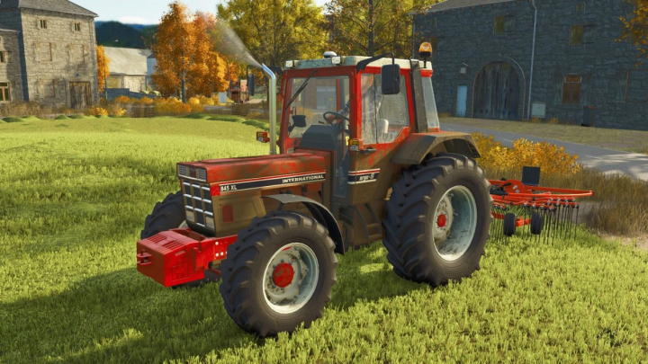 fs25-mods,  International IH 845XL tractor mod in FS25 game, set in a farm scene with autumn trees.