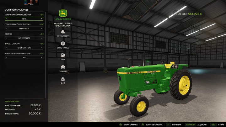 fs25-mods,  FS25 mod John Deere 40 Series tractor displayed in a virtual garage, showcasing customization options.