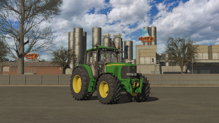 fs25-mods, FS25 mod featuring John Deere 6x20 Series tractor v1.2.0.0 at a factory setting with silos.