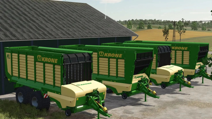 fs25-mods,  FS25 mods image showing three green Krone RX and MX trailers parked beside a barn in Farming Simulator 25.