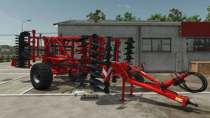 fs25-mods,  Kuhn Performer 4000 mod for FS25 in a parking area, featuring a red agricultural machine with multiple discs.