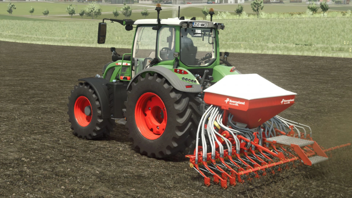 fs25-mods,  FS25 mod Kverneland Accord 4 DL v1.0.0.0 in action on a field, showing detailed farming equipment.