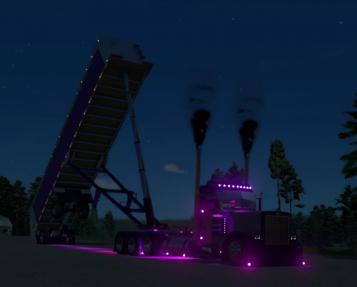 fs25-mods,  Lizard frameless end dump with glowing purple lights in FS25 mods night scene.