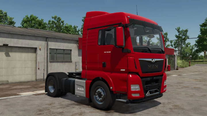 fs25-mods,  Red MAN TGX 18500 4x2 truck mod for Farming Simulator 25, parked near a building.