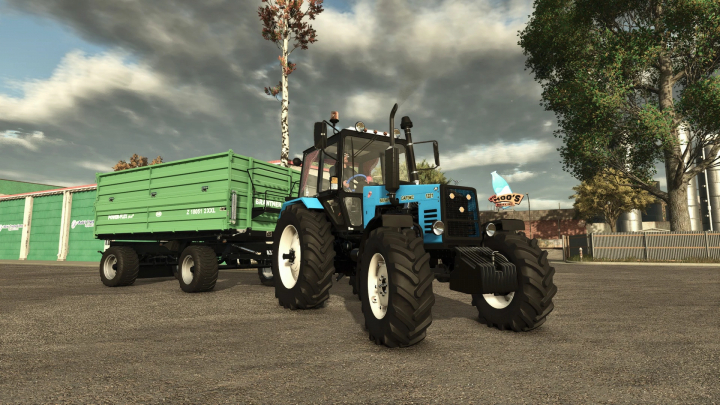 fs25-mods,  FS25 mod MTZ-1221 v1.0.0.1 featuring a blue tractor with a green trailer in Farming Simulator 25.