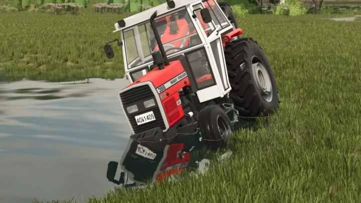 fs25-mods,  Massey Ferguson 398 tractor partially submerged in water in FS25 mod.