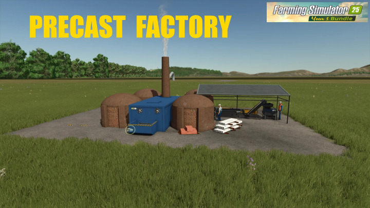 fs25-mods, FS25 mod showing a precast factory in a field with industrial buildings and machinery.