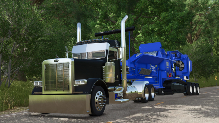 fs25-mods,  FS25 mod Peterson Chipper 5710D v1.0.0.0 showcased on a road in a forest setting.