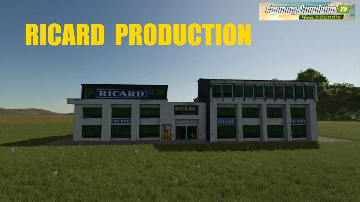 fs25-mods, RICARD PRODUCTION building mod for FS25 in a grassy landscape.