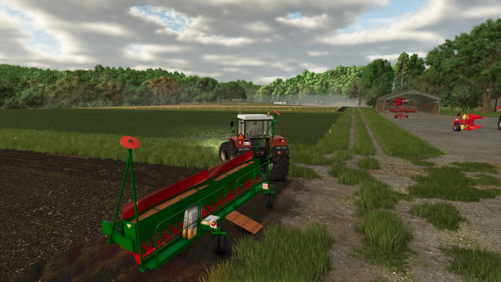 fs25-mods,  FS25 mod ROSS 40-SEXDJ-150 v1.0.0.1 showing tractor and seeder in scenic farm landscape.