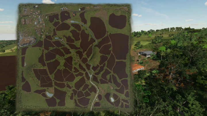 fs25-mods,  Map view of Rancho Fundo mod for FS25 showing irregular fields and trees.