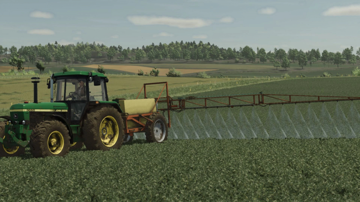 fs25-mods,  FS25 mod SIBSELMASH OP-2000 in action, spraying crops with a tractor in Farming Simulator 25.