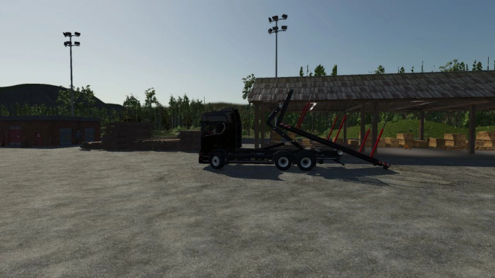 fs25-mods,  FS25 mod Scania R ITR Pack truck parked near a shed, featuring lifting equipment.