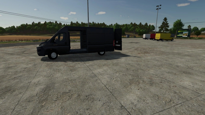 fs25-mods,  Stellantis Pack Van 2023 mod in FS25, showcasing a black van with open doors in a rural setting.