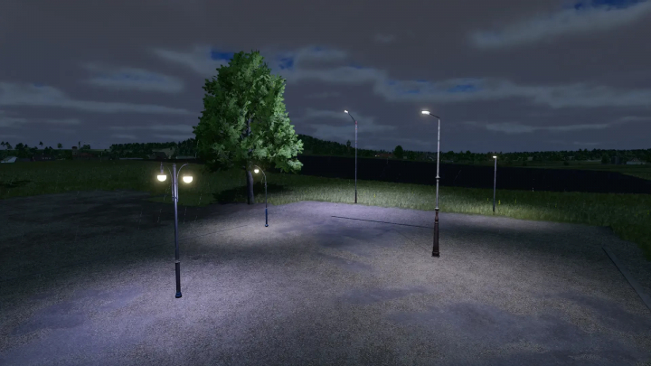 fs25-mods,  Streetlamps Pack mod in FS25 illuminating a rural area at night.