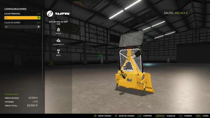 fs25-mods, Tajfun EGV65AHKSG Edit v1.0.0.0 mod in FS25 showcasing a yellow forestry winch in a virtual warehouse.