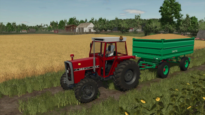 fs25-mods,  FS25 mod Tehnostroj 7t v1.0.0.0 showing a red tractor towing a green trailer through a wheat field.