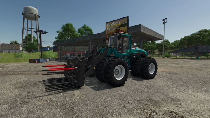 fs25-mods, Volvo L120H loader in Farming Simulator 25 mod, parked near a shed, showcasing detailed wheel and fork attachments.