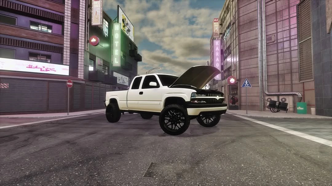 2001 Chevy Silverado mod in FS25 with hood open, displayed on an urban street with neon signs.