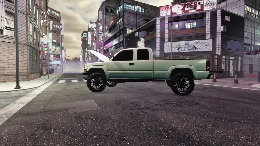 2001 Chevy Silverado mod in FS25, parked on a city street with an open hood.