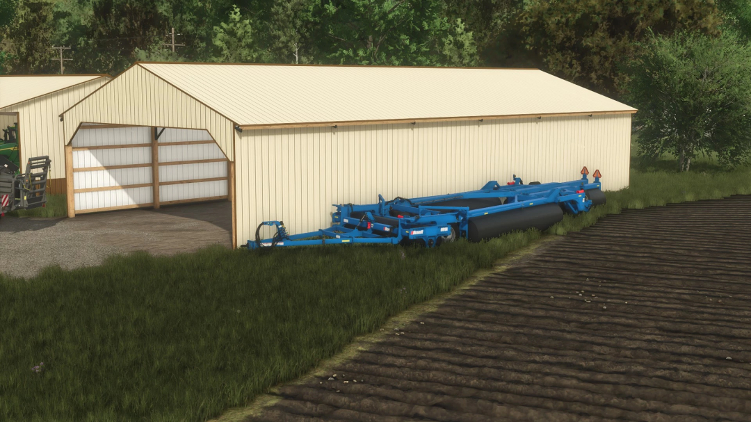 FS25 mods, 40x84 Hay Shed v1.0.0.0 next to field with farming equipment, Farming Simulator 25 mod.