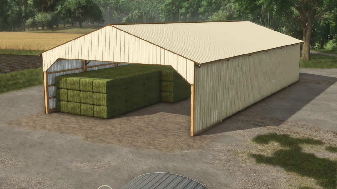 40x84 Hay Shed mod in FS25 with stacked hay bales, showcasing its spacious design for Farming Simulator 25.