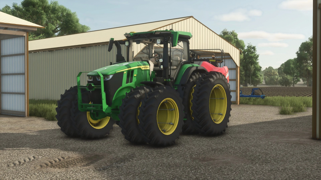 FS25 mod 40x84 Hay Shed v1.0.0.0 with a green tractor parked outside, showcasing farming equipment.