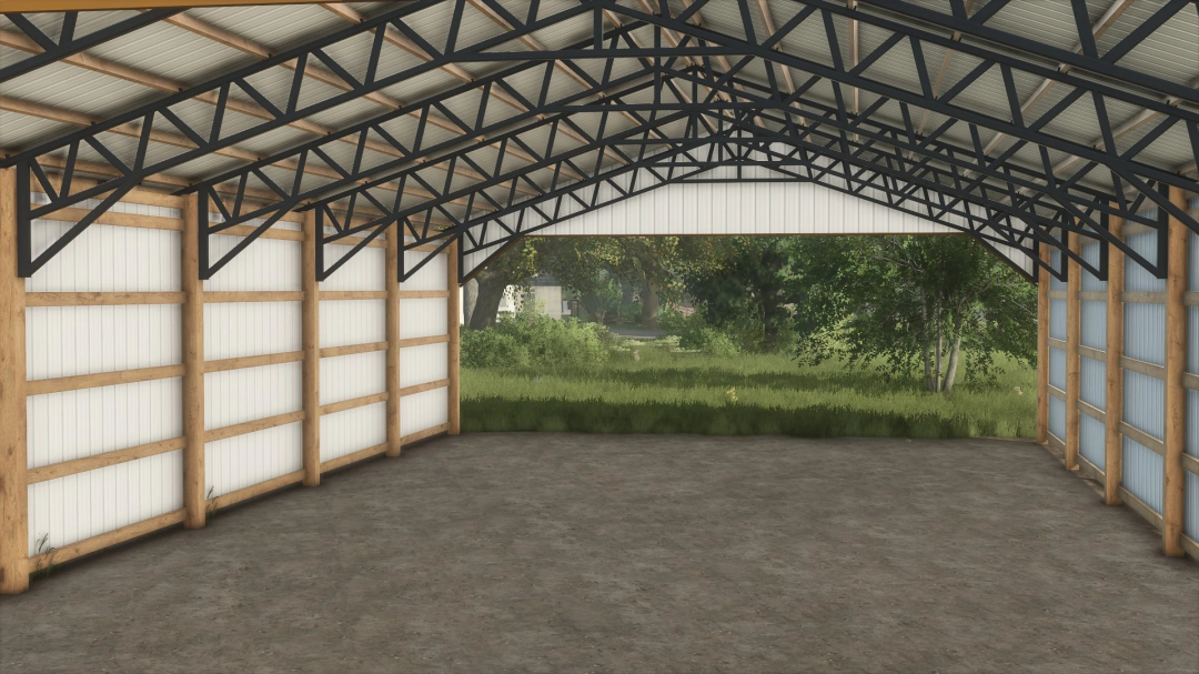 Interior of 40x84 Hay Shed mod for FS25, featuring wooden beams and open space leading to greenery.