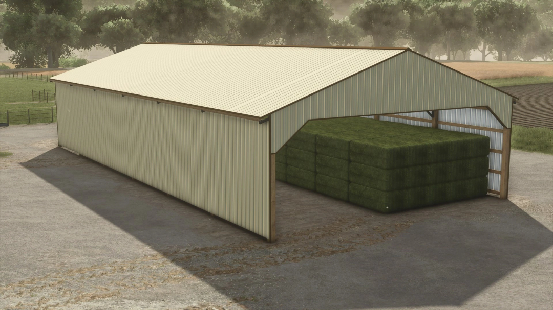 FS25 mod 40x84 Hay Shed v1.0.0.0 with stacked green hay bales in a large open-ended shed.