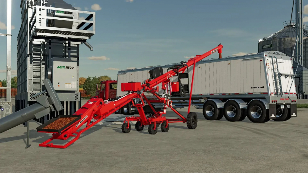 FS25 AGI Pack v1.0.0.0 mod showing agricultural equipment including grain auger and trailer.