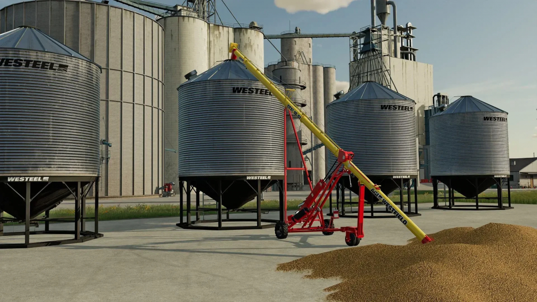 FS25 mod AGI Pack v1.0.0.0 showing grain silos and conveyor auger.