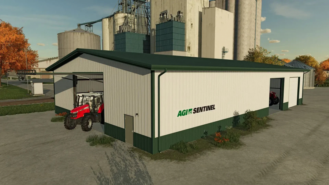 Tractor in AGI Sentinel barn from FS25 mod AGI Pack v1.0.0.0, situated near silos.