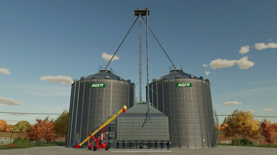 FS25 mods AGI Pack v1.0.0.0 featuring dual grain silos and equipment in a farming setup.