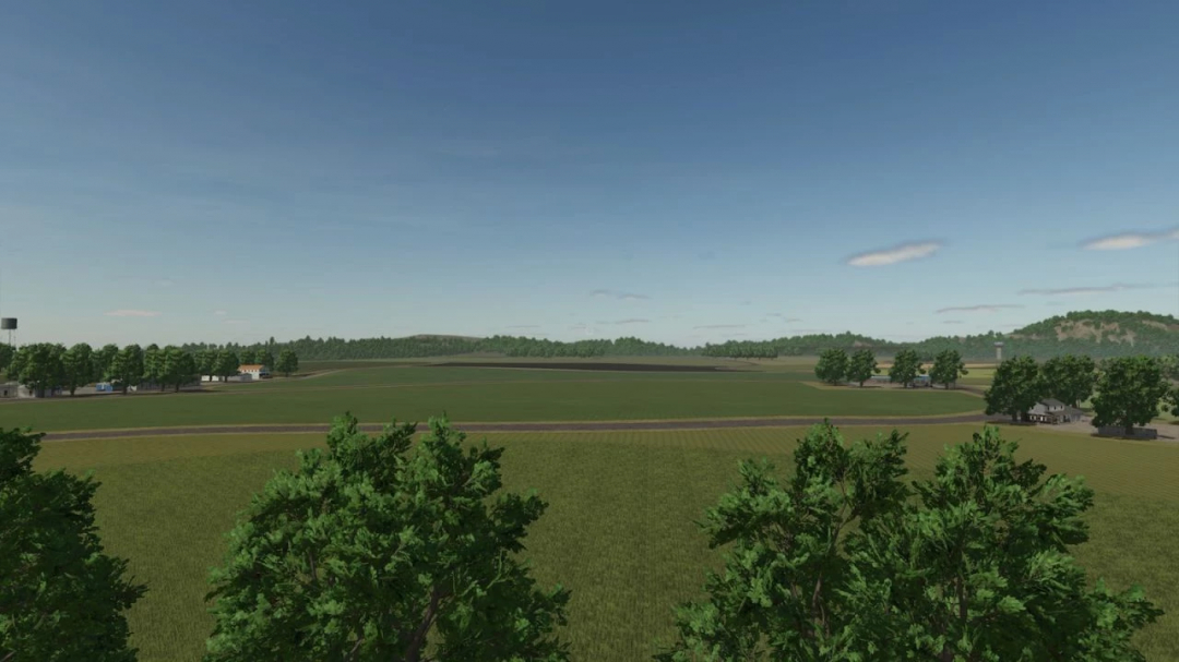 Scenic view of A Long The River Farm mod in FS25, featuring expansive fields and distant hills.