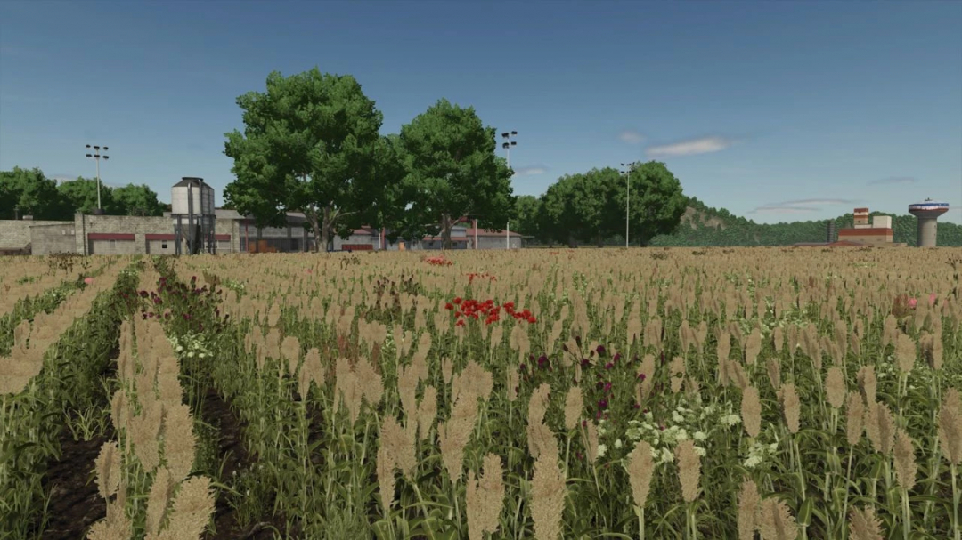 FS25 mods, A Long The River Farm v1.0.0.0: lush fields with wildflowers, trees, and industrial buildings in the background.