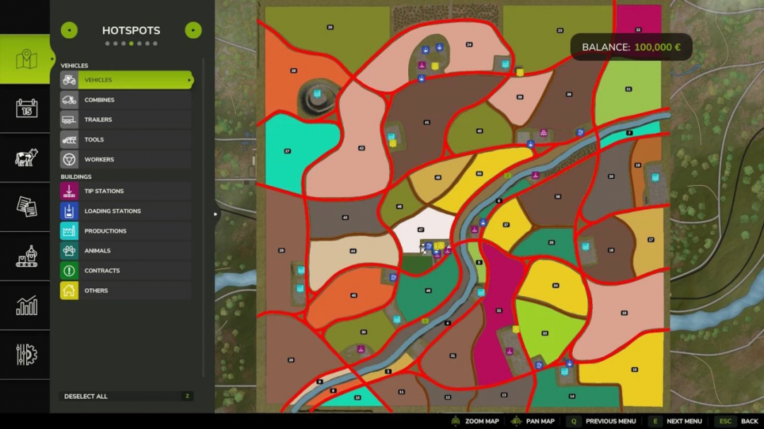 Map interface of A Long The River Farm mod in FS25, showing fields, buildings, and a balance of 100,000 euros.