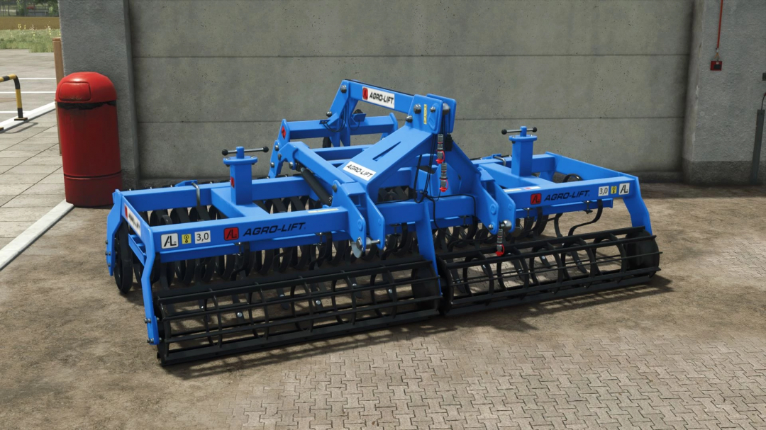 FS25 mod Agro-Lift AUS2-H v1.0.0.0 featuring a blue farming tool displayed on a paved surface.