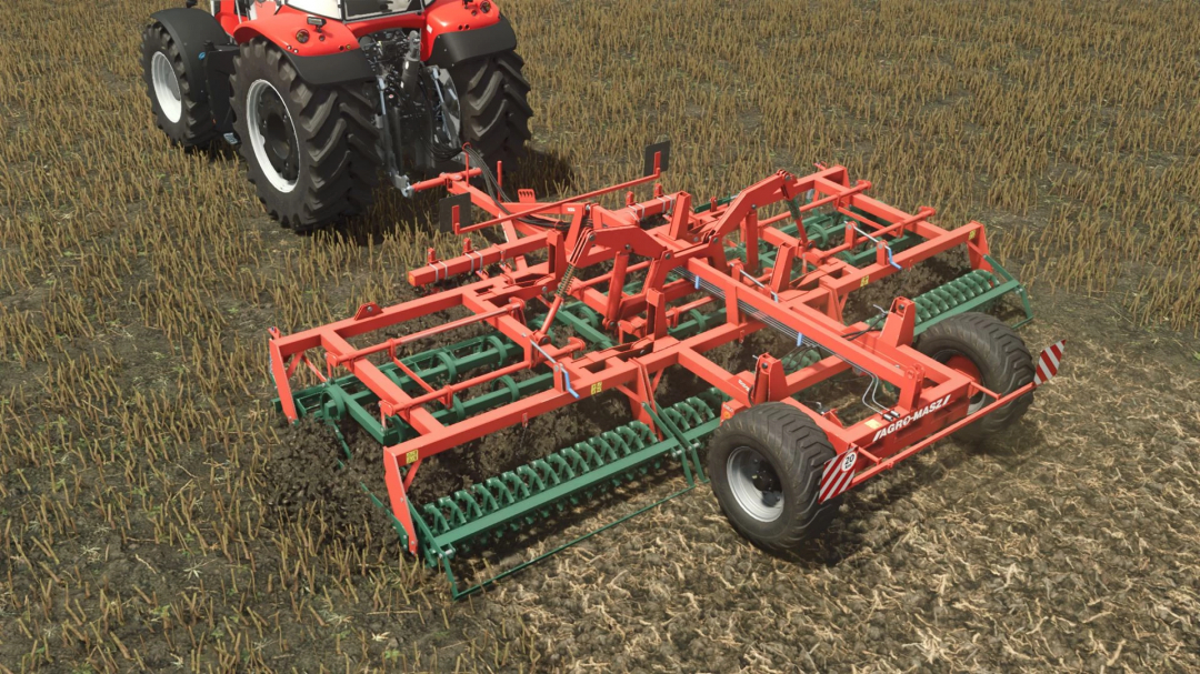 FS25 mod AgroMasz AUPC v1.0.0.0 showing a cultivator attached to a tractor in a field.