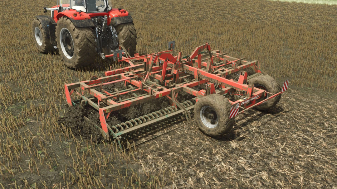 FS25 mods: AgroMasz AUPC v1.0.0.0 in Farming Simulator 25, a red cultivator attachment working on a field.