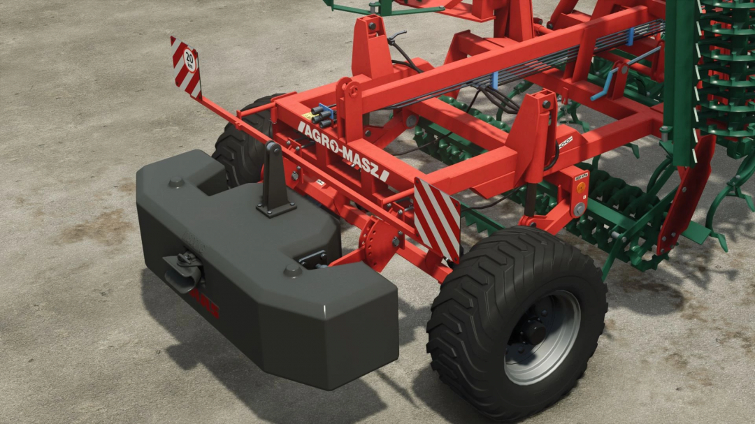 AgroMasz AUPC v1.0.0.0 mod in FS25 showing red and green farming equipment with tire detail.