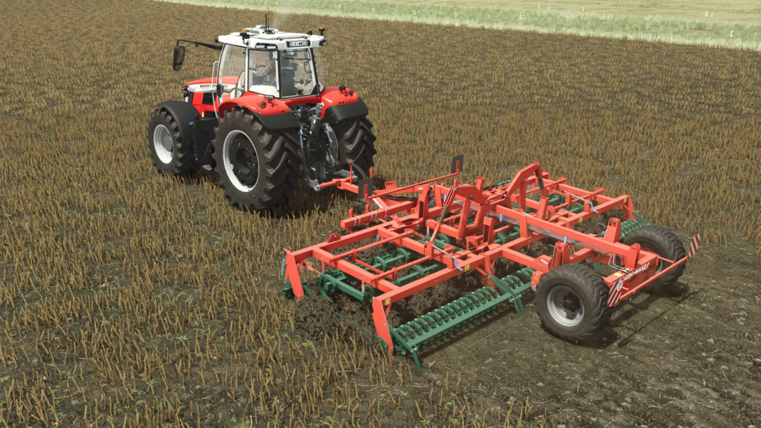 FS25 mod AgroMasz AUPC v1.0.0.0 showing a red and green cultivator attached to a tractor in a field.