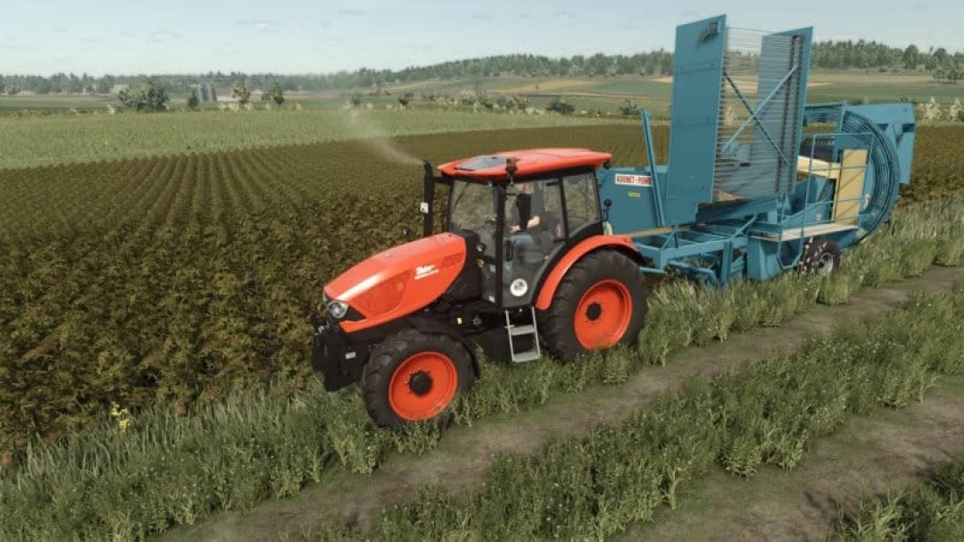 FS25 mods: Red tractor pulling Agromet Z644 machinery through crop field in Farming Simulator 25.