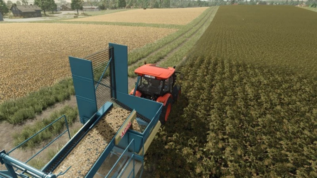 FS25 mod Agromet Z644 v1.0.0.0 shows a tractor harvesting crops in a field.