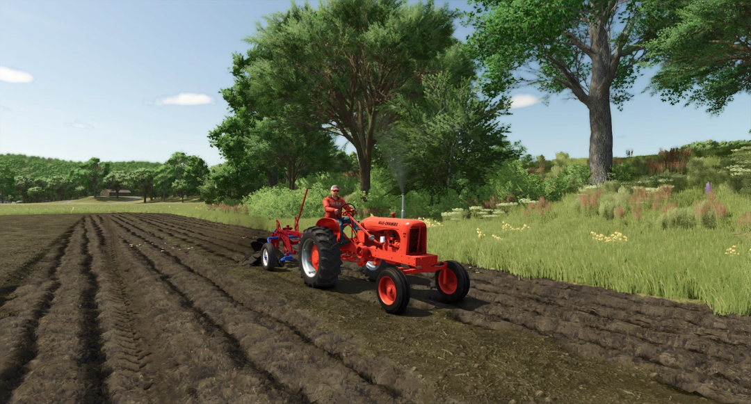 Allis Chalmers WD45 tractor plowing a field in FS25 mod, Farming Simulator 25.