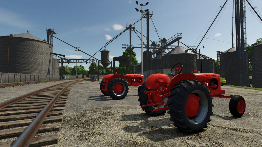 Allis Chalmers WD45 tractor mod in FS25 with an industrial backdrop, showcasing Farming Simulator 25 mods.