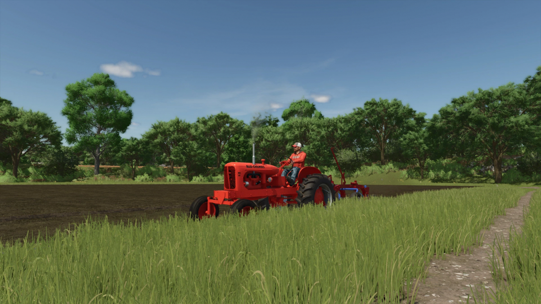 Allis Chalmers WD45 tractor mod in FS25, plowing a field with lush greenery and clear skies.