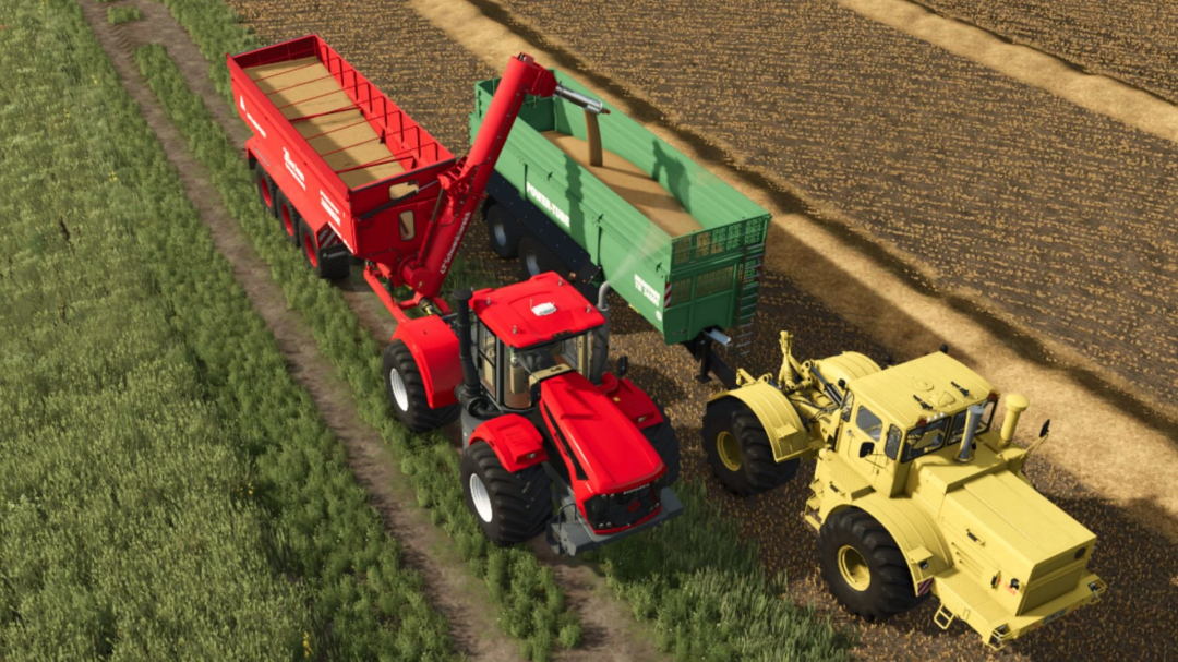 FS25 Annaburger HTS3416 mod showing red and green trailers on a farm field.