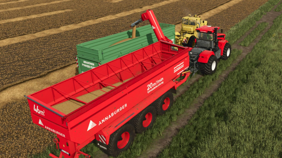 The Annaburger HTS3416 mod for Farming Simulator 25, featuring a red grain trailer in a field during harvest.